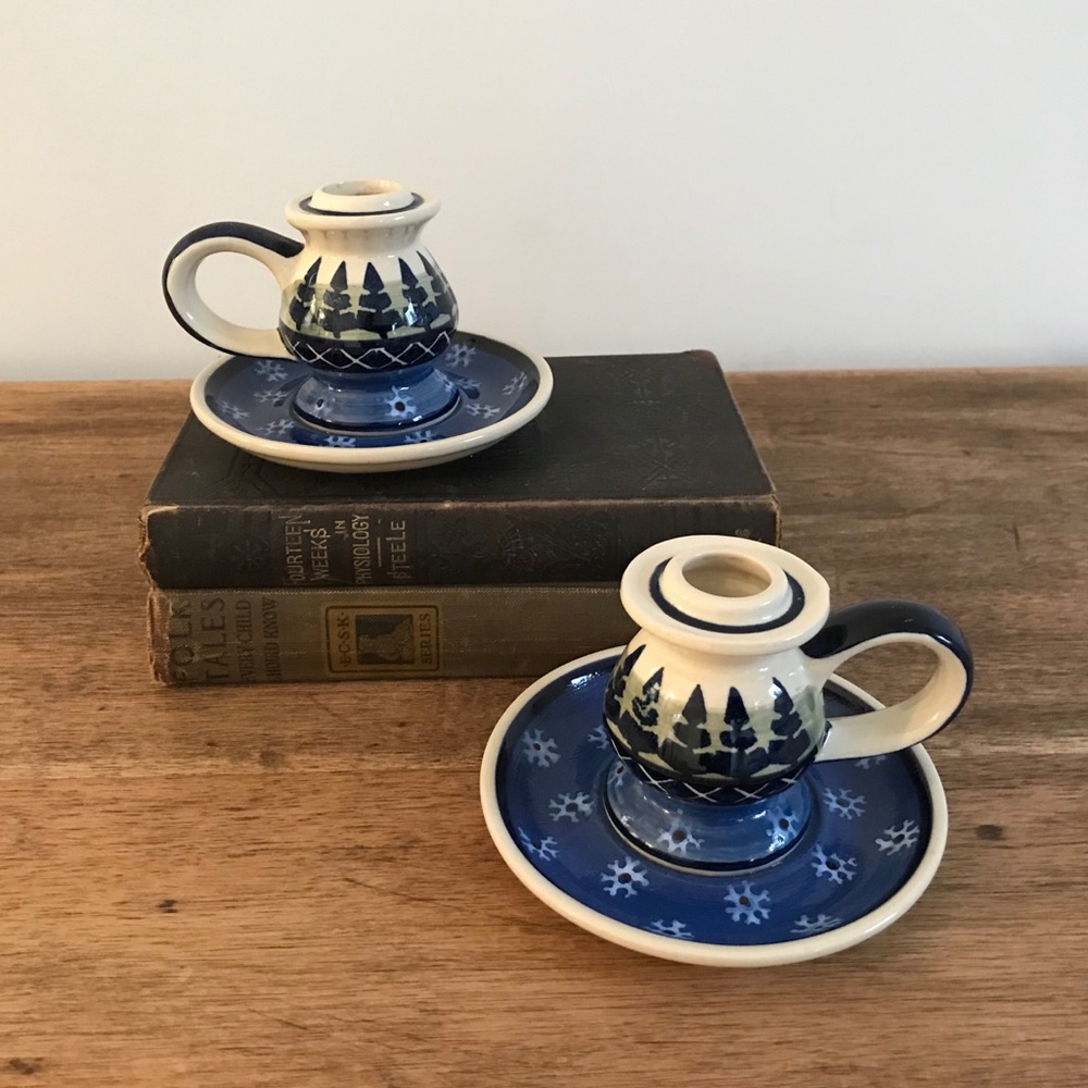 Pair of Polish Pottery Candlesticks